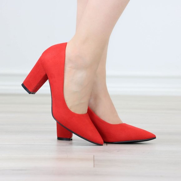 Classic Block High Heel Slip On Pointed Toe Pumps Red Suede - Picture 3 of 12